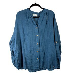 Cotes et Lin France Blue 100% Linen Button Front Shirt Lagenlook Coastal Women L